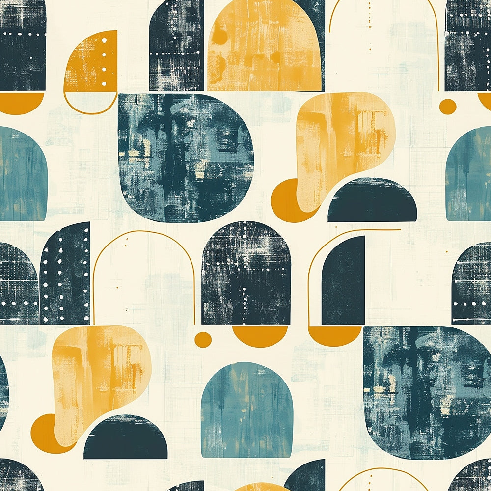 mid-century modern, geometric shapes, abstract design, orange, teal blue, navy blue, cream, beige, circular forms, arched shapes, textured brushstrokes, contemporary art, retro style, modernist pattern,, fabric panel, artistic blocks, painted texture, minimalist design, vintage inspired