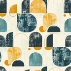 mid-century modern, geometric shapes, abstract design, orange, teal blue, navy blue, cream, beige, circular forms, arched shapes, textured brushstrokes, contemporary art, retro style, modernist pattern,, fabric panel, artistic blocks, painted texture, minimalist design, vintage inspired
