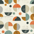 mid-century modern, geometric circles, abstract shapes, orange coral, sage green, mustard yellow, charcoal gray, cream beige, half circles, semicircles, dots, striped patterns, vintage inspired, retro design,, fabric panel, textured appearance, modern geometric, circular motifs, contemporary abstract