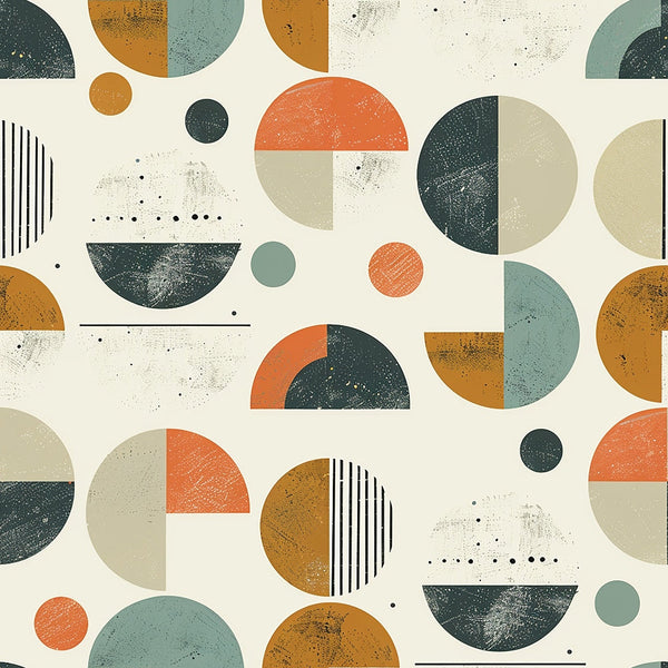 mid-century modern, geometric circles, abstract shapes, orange coral, sage green, mustard yellow, charcoal gray, cream beige, half circles, semicircles, dots, striped patterns, vintage inspired, retro design,, fabric panel, textured appearance, modern geometric, circular motifs, contemporary abstract
