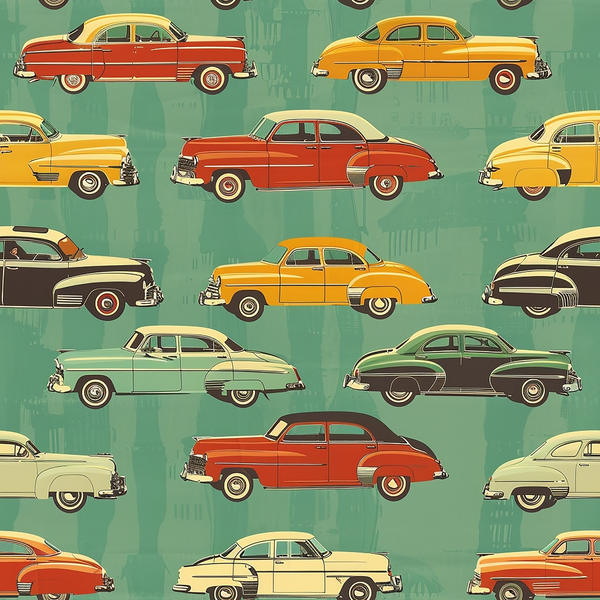 midcentury cars, vintage automobiles, retro pattern, sage green background, orange cars, red cars, yellow cars, cream cars, black cars, 1940s sedans, repeating motif, nostalgic design,, fabric panel, automotive theme, geometric arrangement, muted tones, vintage styling, retro vehicles, mid-century modern