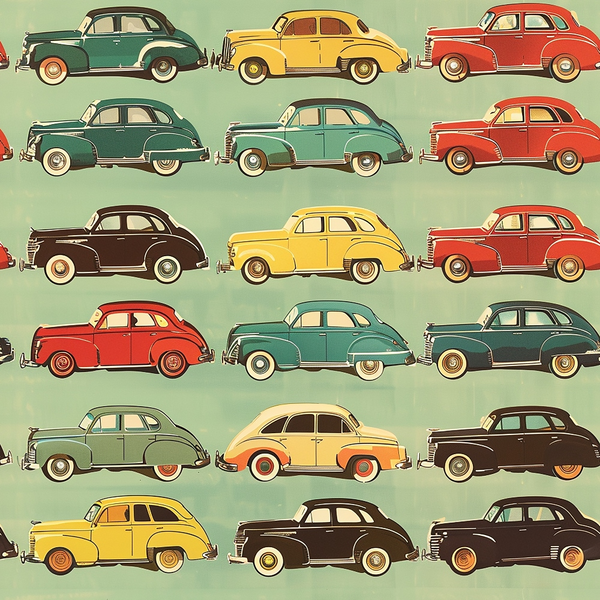 vintage cars, midcentury automobiles, retro vehicles, sage green background, yellow cars, red cars, teal cars, brown cars, 1940s style, sedan cars, coupe cars, rows pattern, repeating design, nostalgic mood,, fabric panel, automotive theme, transportation motif, mint green, burnt orange