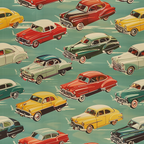 Pattern of vintage cars in various colors on a teal background.