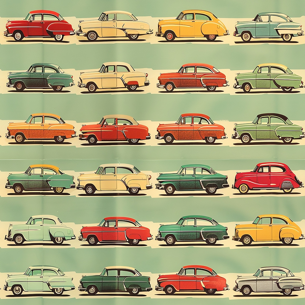 Rows of vintage car illustrations in various colors, displayed against a green background.