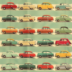 Rows of vintage car illustrations in various colors, displayed against a green background.