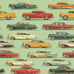 Illustration of various vintage cars in red, yellow, green, and beige arranged in rows on a green background.