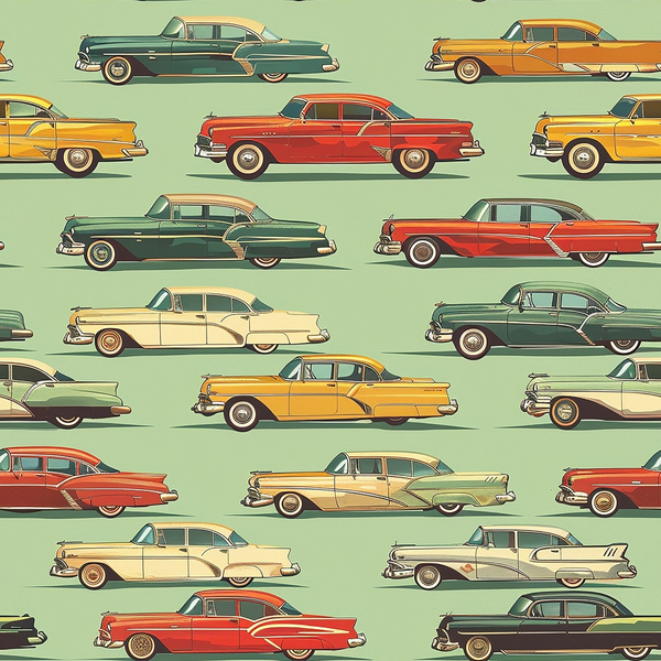 Illustration of various vintage cars in red, yellow, green, and beige arranged in rows on a green background.