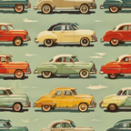 Pattern of vintage cars in rows, featuring various colors like red, yellow, green, and beige against a muted green background with subtle clouds.