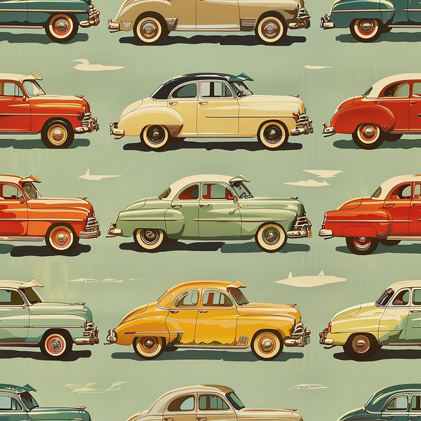 Pattern of vintage cars in rows, featuring various colors like red, yellow, green, and beige against a muted green background with subtle clouds.