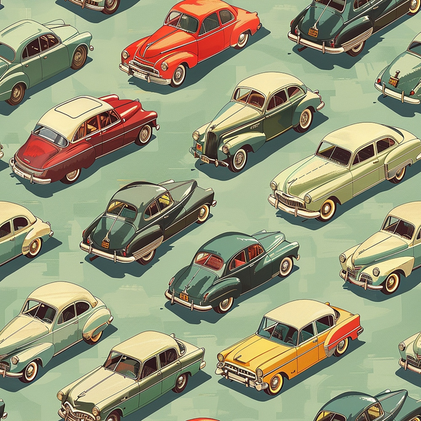 Pattern of vintage cars in various colors, including red, yellow, and green, arranged diagonally on a teal background.