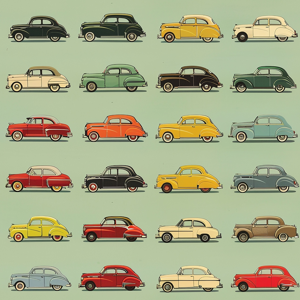Illustration of 25 vintage cars arranged in a 5x5 grid, each varying in color and design, presented on a plain background.