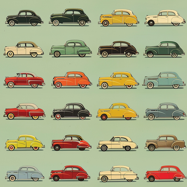 Illustration of 25 vintage cars arranged in a 5x5 grid, each varying in color and design, presented on a plain background.