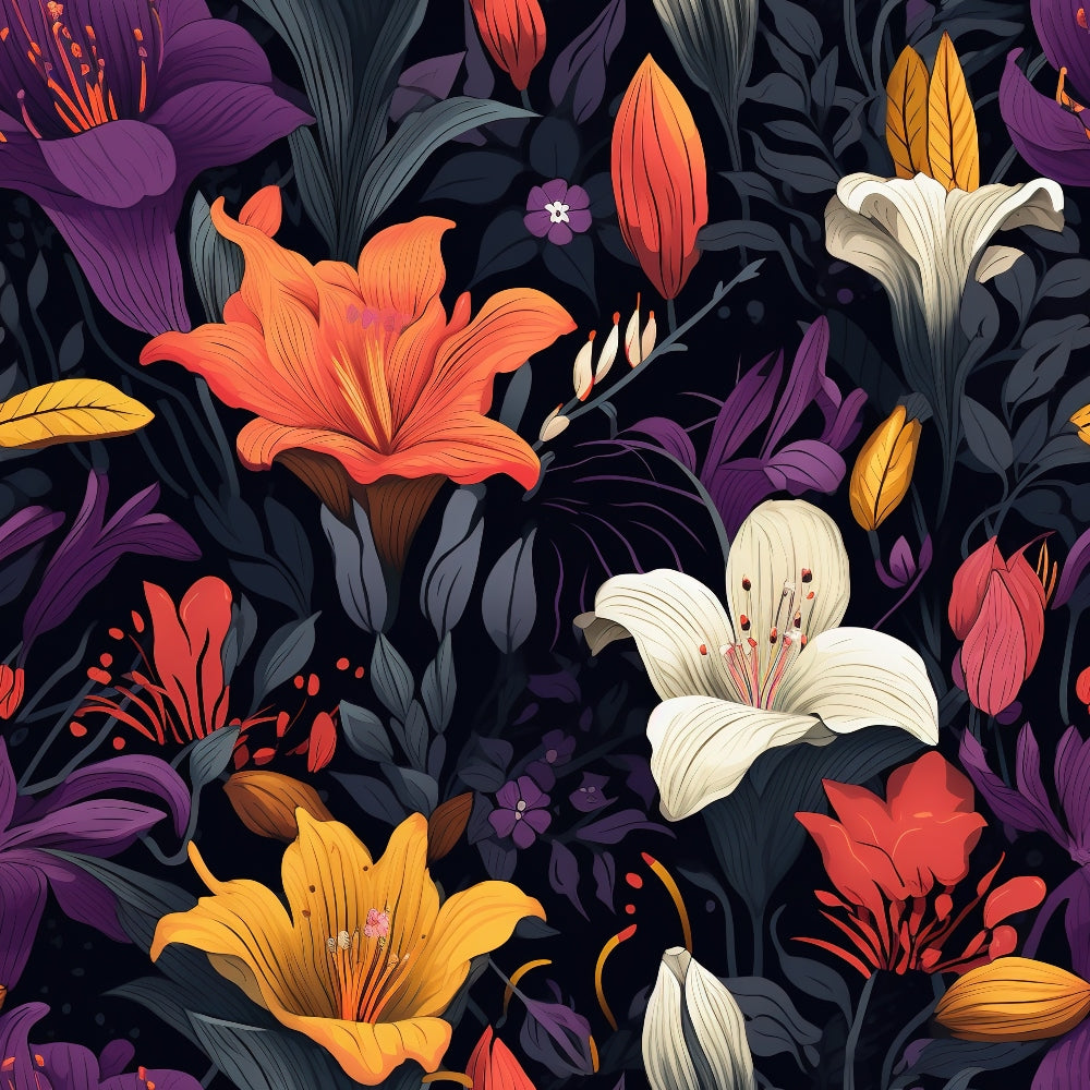 midnight background, floral pattern, orange lilies, purple flowers, white lilies, coral blooms, golden yellow flowers, dark navy base, tropical florals, botanical design,, fabric panel, moody floral, night garden, exotic flowers, lily blossoms, rich colors, dramatic contrast, seamless repeat, vibrant blooms