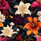 midnight black, floral pattern, lilies, orange flowers, white blooms, purple flowers, pink petals, dark background, botanical design, tropical flowers, stamens, petals,, fabric panel, moody florals, dramatic contrast, exotic blooms, garden motif, rich colors, artistic illustration