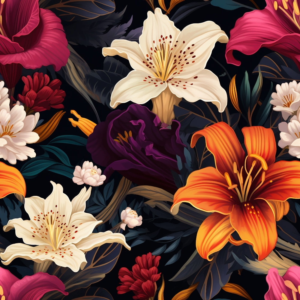 midnight black, floral pattern, lilies, orange flowers, white blooms, purple flowers, pink petals, dark background, botanical design, tropical flowers, stamens, petals,, fabric panel, moody florals, dramatic contrast, exotic blooms, garden motif, rich colors, artistic illustration