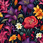 midnight background, tropical flowers, purple lilies, orange hibiscus, coral blooms, white plumeria, pink florals, dark navy, vibrant petals, exotic garden, lush foliage, green leaves, floral pattern,, fabric panel, botanical design, rich colors, dramatic contrast, layered blooms