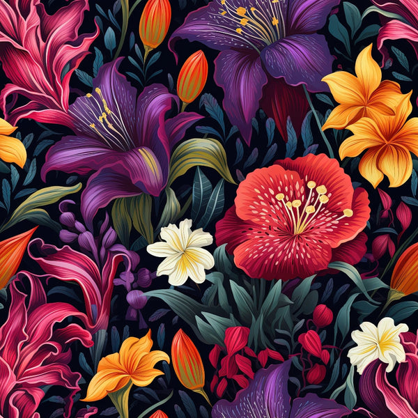 midnight background, tropical flowers, purple lilies, orange hibiscus, coral blooms, white plumeria, pink florals, dark navy, vibrant petals, exotic garden, lush foliage, green leaves, floral pattern,, fabric panel, botanical design, rich colors, dramatic contrast, layered blooms