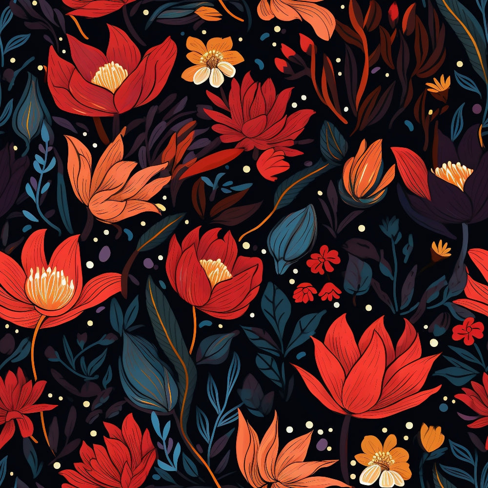 midnight floral, botanical pattern, red flowers, orange blooms, coral petals, navy background, teal leaves, purple foliage,, fabric panel, night garden, dark floral, autumn colors, scattered dots, layered petals, moody botanical, seamless pattern, cotton fabric, quilting material, floral motifs