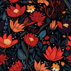 midnight floral, botanical pattern, red flowers, orange blooms, coral petals, navy background, teal leaves, purple foliage,, fabric panel, night garden, dark floral, autumn colors, scattered dots, layered petals, moody botanical, seamless pattern, cotton fabric, quilting material, floral motifs