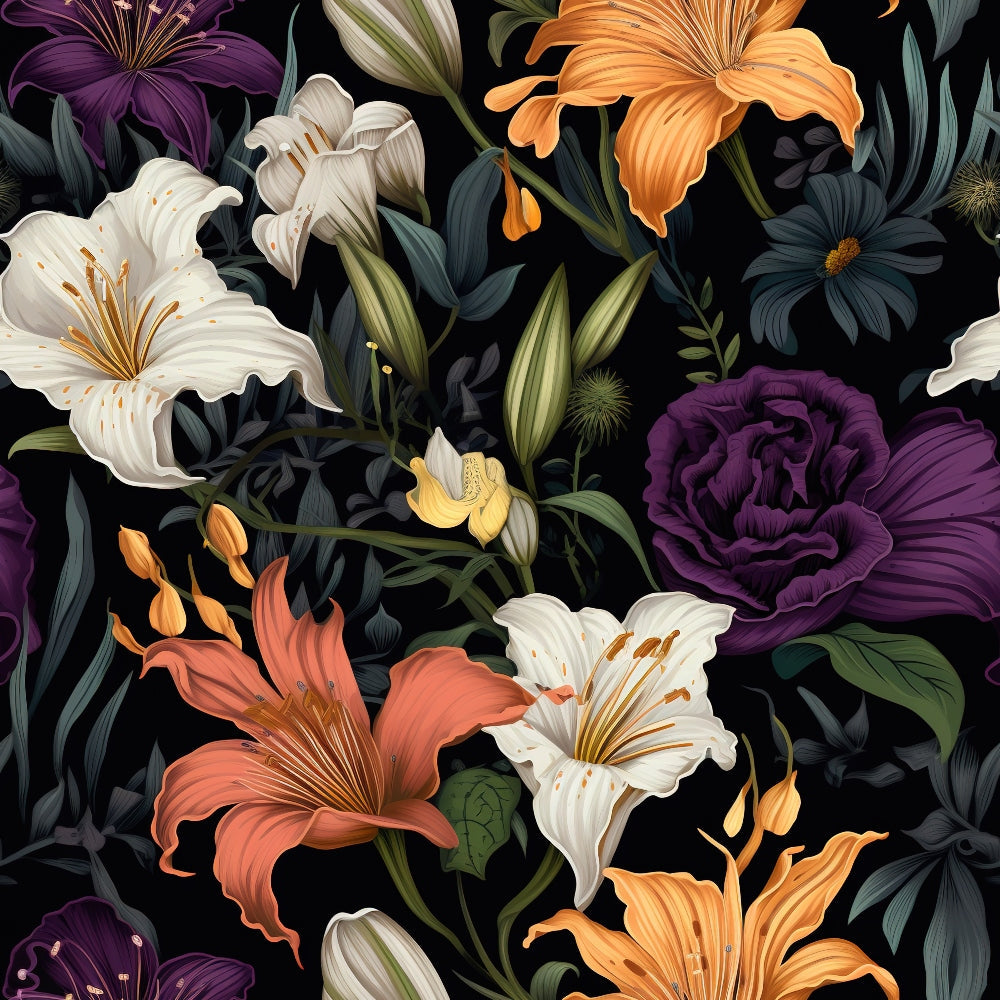 midnight floral, dark background, lilies, roses, purple flowers, orange blooms, white lilies, coral flowers, botanical pattern, moody florals,, fabric panel, garden flowers, dramatic floral, black backdrop, vibrant petals, floral arrangement, textile design, sewing fabric, contemporary floral