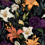 midnight floral, dark background, lilies, roses, purple flowers, orange blooms, white lilies, coral flowers, botanical pattern, moody florals,, fabric panel, garden flowers, dramatic floral, black backdrop, vibrant petals, floral arrangement, textile design, sewing fabric, contemporary floral