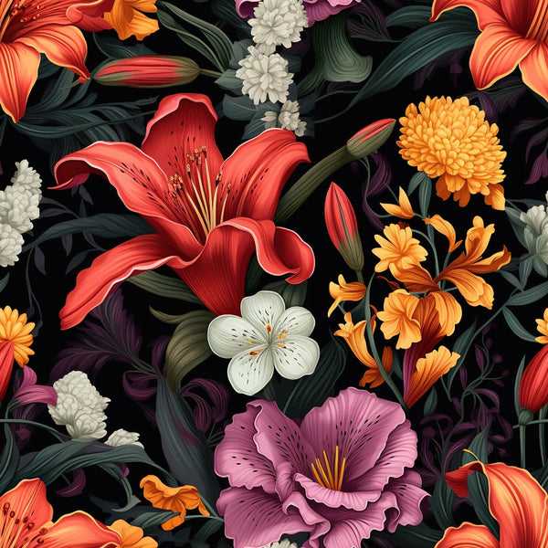midnight background, floral pattern, red lilies, orange chrysanthemums, purple flowers, white blossoms, coral blooms, dark green leaves, tropical flowers, botanical design,, fabric panel, vibrant colors, dramatic contrast, lush foliage, exotic blooms, garden motif, rich textures, flowing petals
