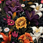 midnight floral, black background, purple lilies, orange flowers, white lilies, pink blooms, botanical pattern, dark moody, tropical flowers,, fabric panel, floral garden, deep purple, coral orange, cream white, magenta pink, lush foliage, dramatic florals, night garden