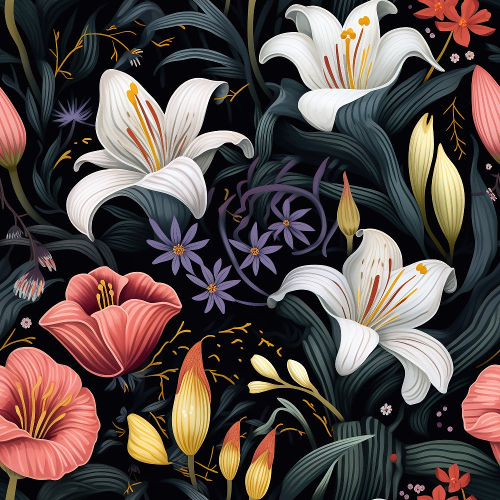 midnight black background, white lilies, coral pink flowers, purple blooms, teal foliage, botanical pattern, floral design, tropical flowers, seamless repeat,, fabric panel, garden motif, elegant florals, dark floral, contemporary style, modern botanical, lily blossoms, flowing leaves, artistic illustration, vibrant colors