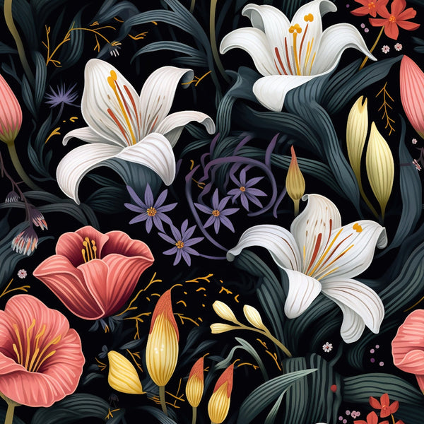midnight black background, white lilies, coral pink flowers, purple blooms, teal foliage, botanical pattern, floral design, tropical flowers, seamless repeat,, fabric panel, garden motif, elegant florals, dark floral, contemporary style, modern botanical, lily blossoms, flowing leaves, artistic illustration, vibrant colors