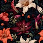 midnight background, floral pattern, lilies, orange flowers, burgundy blooms, cream petals, spotted flowers, dark navy, coral blooms, botanical design, tropical flowers, garden motif,, fabric panel, dramatic florals, moody floral, night garden, exotic blooms, luxurious pattern, rich colors