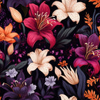 midnight background, floral pattern, lily flowers, purple lilies, pink lilies, cream lilies, orange lilies, dark foliage, botanical design,, fabric panel, dramatic florals, night garden, deep purple, magenta blooms, peach flowers, spotted petals, elegant stamens, moody floral, rich colors
