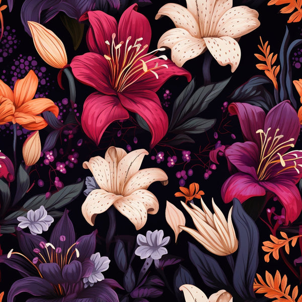 midnight background, floral pattern, lily flowers, purple lilies, pink lilies, cream lilies, orange lilies, dark foliage, botanical design,, fabric panel, dramatic florals, night garden, deep purple, magenta blooms, peach flowers, spotted petals, elegant stamens, moody floral, rich colors