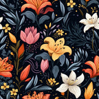 midnight floral, dark background, orange lilies, pink tulips, white lilies, yellow flowers, gray foliage, botanical pattern,, fabric panel, moody florals, night garden, coral blooms, navy blue, floral motifs, seamless design, contemporary style, spring flowers, decorative dots, nature inspired