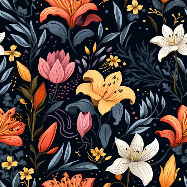 midnight floral, dark background, orange lilies, pink tulips, white lilies, yellow flowers, gray foliage, botanical pattern,, fabric panel, moody florals, night garden, coral blooms, navy blue, floral motifs, seamless design, contemporary style, spring flowers, decorative dots, nature inspired