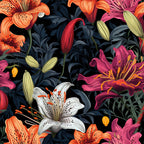 midnight background, lily flowers, tiger lilies, floral pattern, orange blooms, pink lilies, white lilies, purple flowers, dark foliage, botanical design, spotted petals, stamens, buds,, fabric panel, vibrant colors, realistic flowers, garden motif, blooming lilies, dramatic contrast