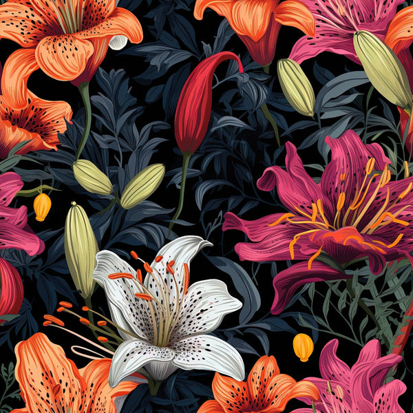 midnight background, lily flowers, tiger lilies, floral pattern, orange blooms, pink lilies, white lilies, purple flowers, dark foliage, botanical design, spotted petals, stamens, buds,, fabric panel, vibrant colors, realistic flowers, garden motif, blooming lilies, dramatic contrast