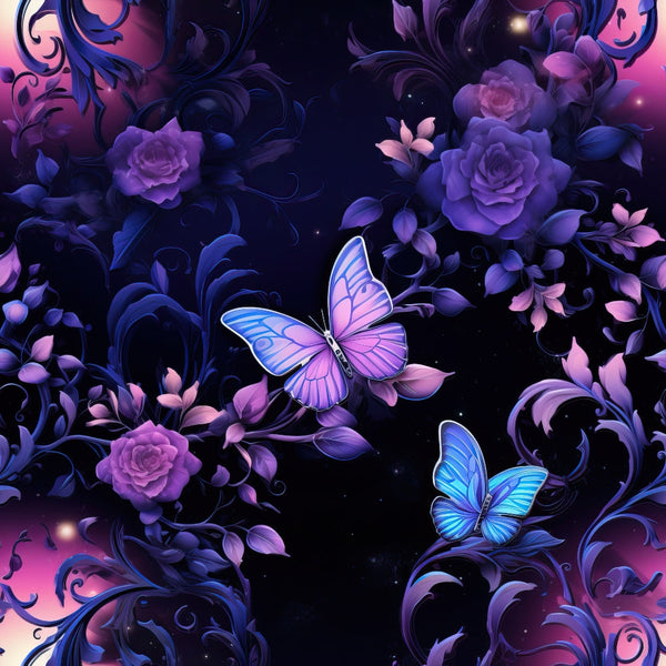 Two luminous butterflies surrounded by purple roses and swirling vines against a dark, starry background.