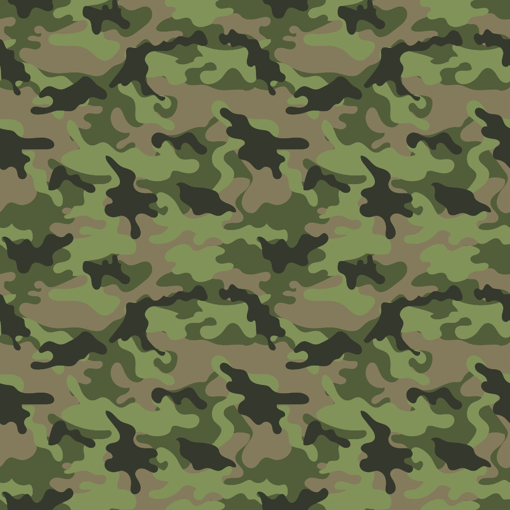 Green and brown camouflage pattern with irregular shapes and varying shades, resembling military fabric design.
