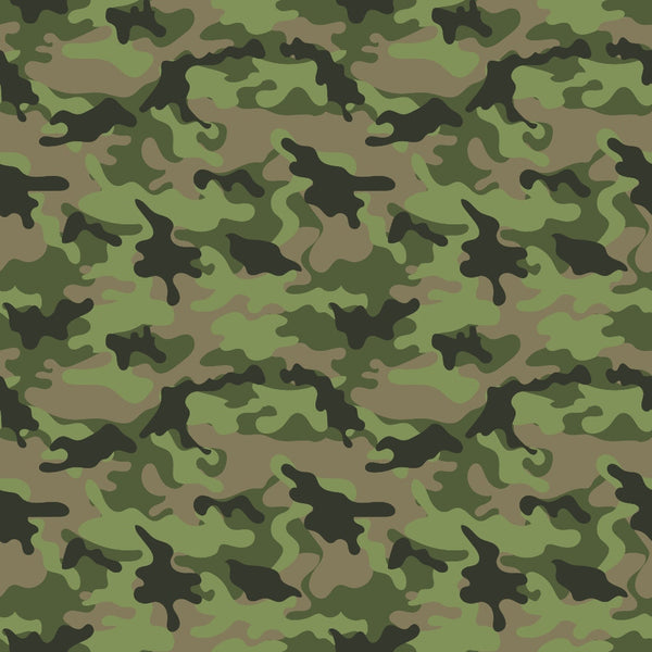 Green and brown camouflage pattern with irregular shapes and varying shades, resembling military fabric design.
