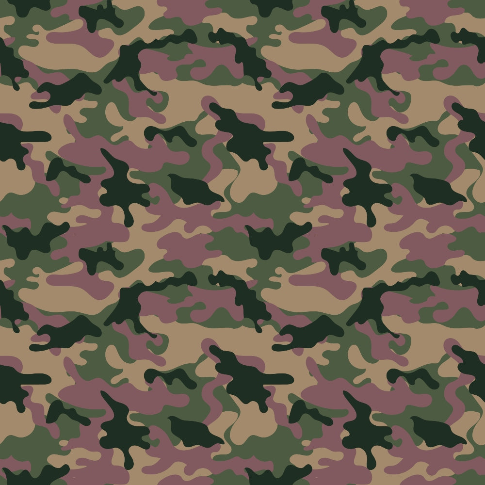 Camouflage pattern with green, brown, and black splotches.