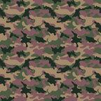 Camouflage pattern with green, brown, and black splotches.