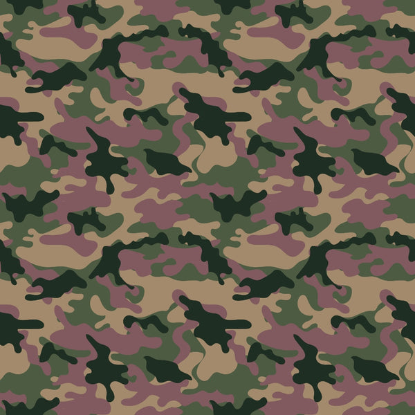 Camouflage pattern with green, brown, and black splotches.