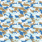 Abstract pattern with blue, brown, and white shapes, resembling camouflage.