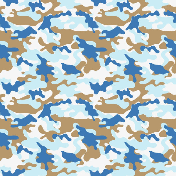Abstract pattern with blue, brown, and white shapes, resembling camouflage.