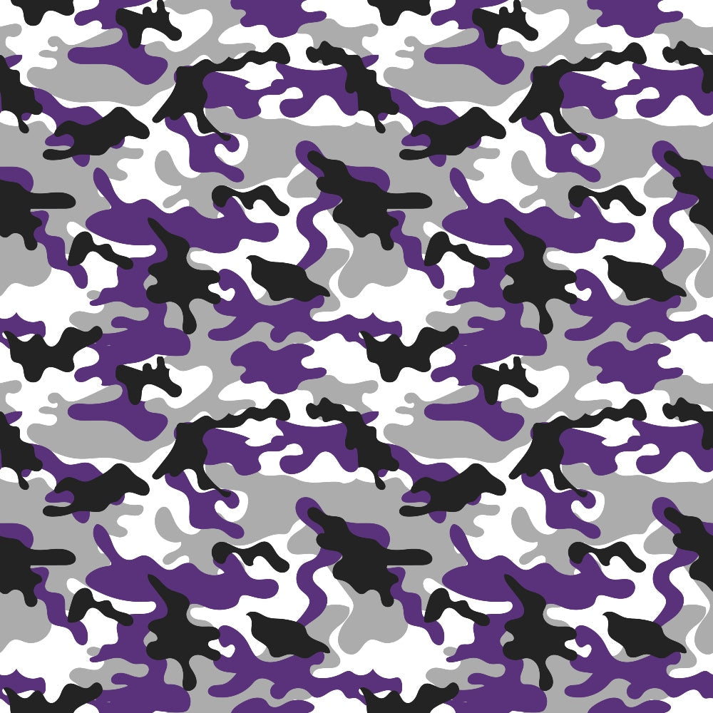 A camouflage pattern featuring abstract shapes in purple, black, white, and gray.