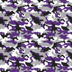 A camouflage pattern featuring abstract shapes in purple, black, white, and gray.