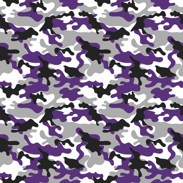 A camouflage pattern featuring abstract shapes in purple, black, white, and gray.