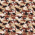 Camouflage pattern featuring abstract shapes in shades of brown, black, and beige.