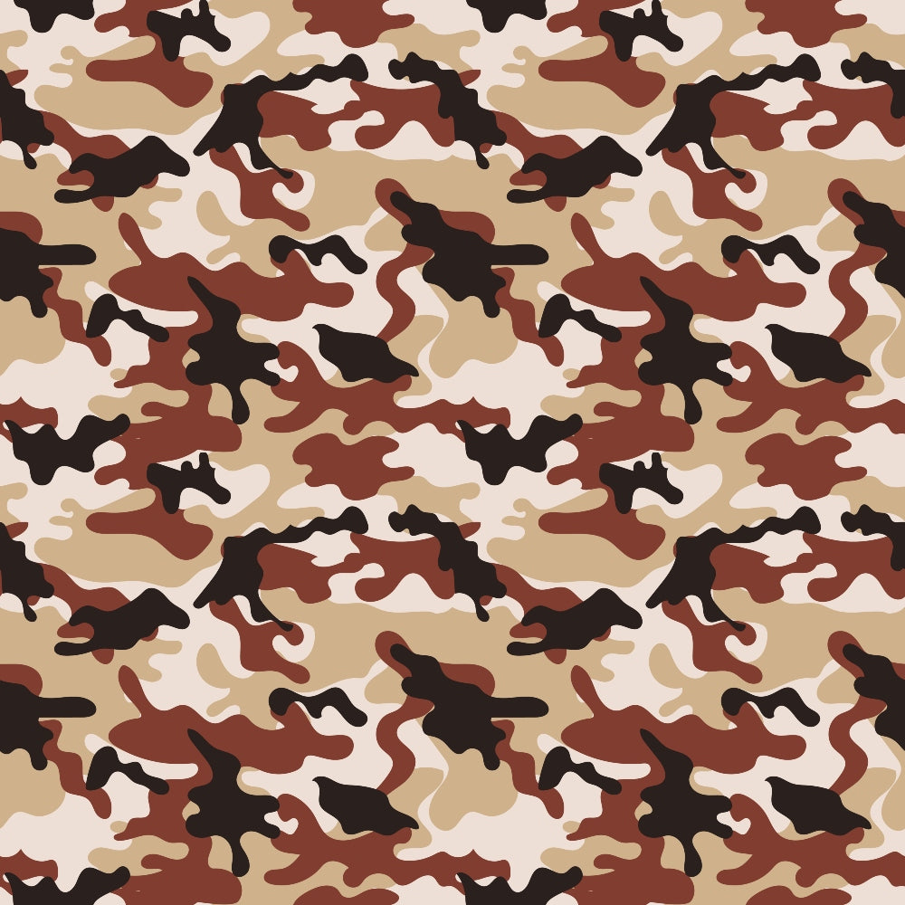 Camouflage pattern featuring abstract shapes in shades of brown, black, and beige.