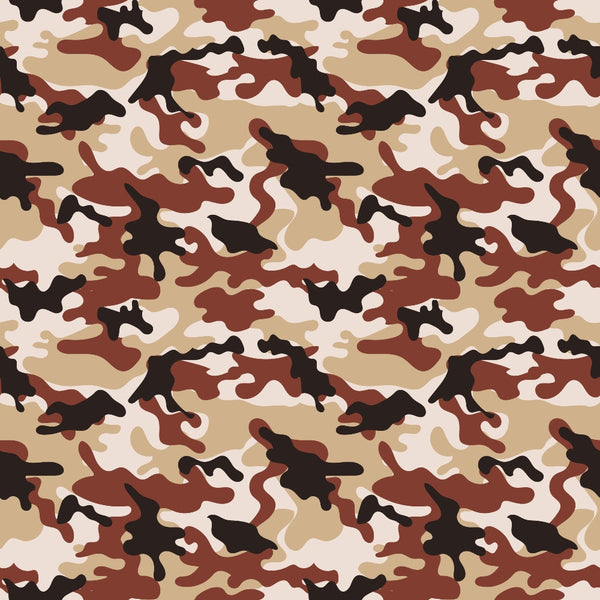 Camouflage pattern featuring abstract shapes in shades of brown, black, and beige.